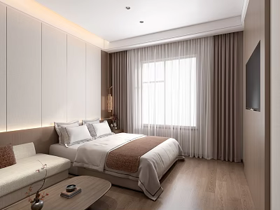 Modern Hotel Guest Room With King Bed Beige Sofa Coffee Table And TV 3d model