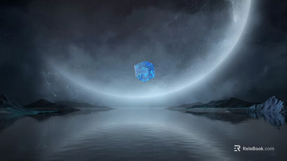 Scenic Landscape with Giant Crescent Moon Blue Glowing Cube Calm Water Reflection and Mountain Ranges 3d model 