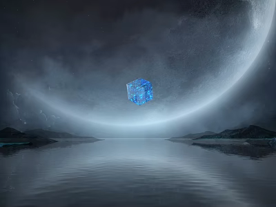Scenic Landscape with Giant Crescent Moon Blue Glowing Cube Calm Water Reflection and Mountain Ranges 3d model