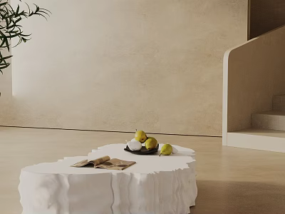 Modern Sofa and Coffee Table Set with White Irregular Table Pears Papers on Light Floor 3d model