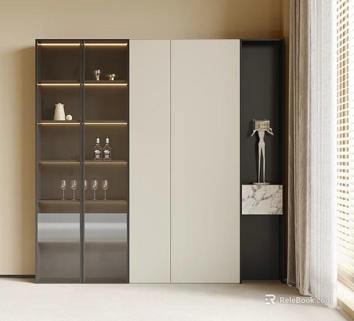 Modern Bookcase With Glass Doors LED Lighting Displaying Wine Glasses Decor And White Black Finish 3d model 