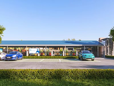 Building With Blue Roof And Parking Lot Featuring Parked Cars And Green Hedges 3d model
