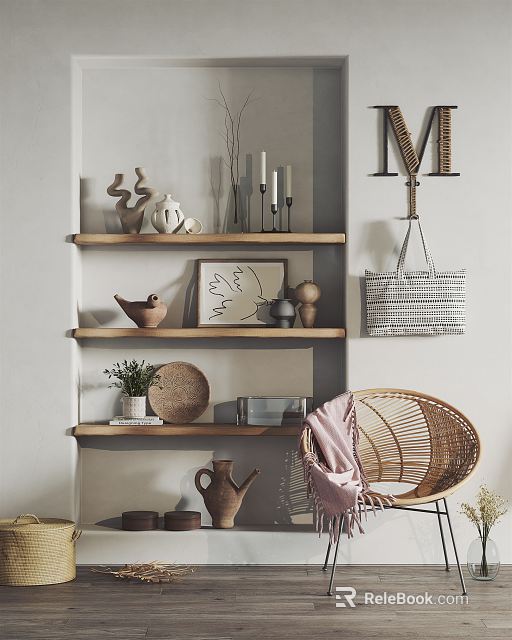 Home Interior Decorative Ornament Combination With Wooden Shelf Ceramic Crafts Candles And Woven Baskets 3d model 