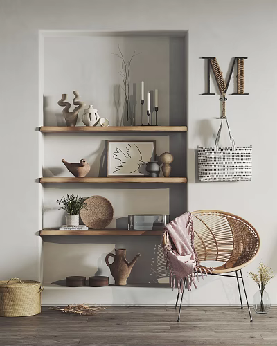 Home Interior Decorative Ornament Combination With Wooden Shelf Ceramic Crafts Candles And Woven Baskets 3d model