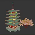 Cartoon Scene Featuring Red Multi tiered Tower With Green Roof And Pink Cherry Blossom Tree