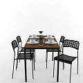 Dining Table Set With Wooden Top Black Metal Frame Four Mesh Back Chairs And Tableware