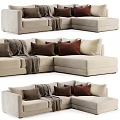 Beige L Shaped Fabric Sectional Sofa With Multiple Decorative Throw Pillows And Blanket 3d model
