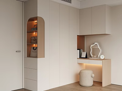 Modern Minimalist Wardrobe Design With White Cabinetry Open Shelves And Dressing Table 3d model