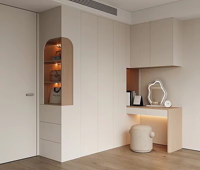 Modern Minimalist Wardrobe Design With White Cabinetry Open Shelves And Dressing Table 3d model