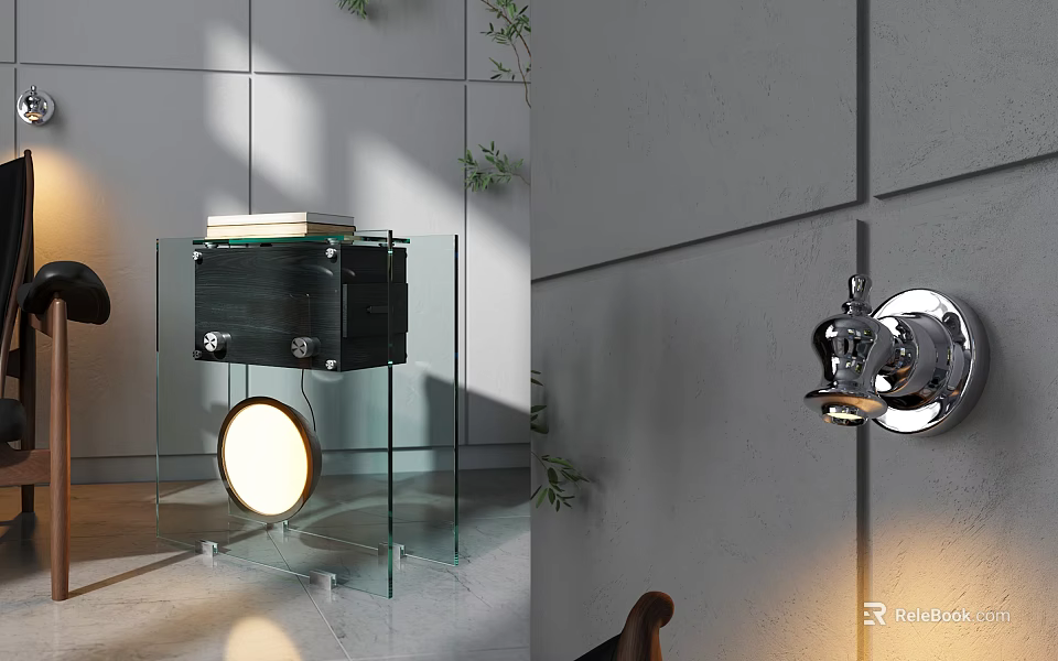 Modern Interior Decor With Black Box Transparent Shelf And Round Glowing Light 3d model