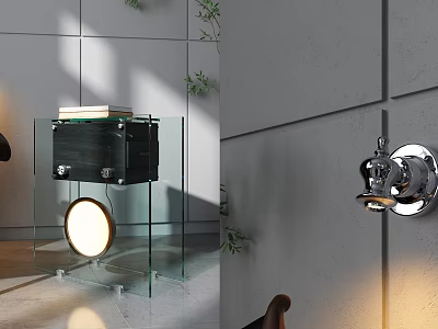 Modern Interior Decor With Black Box Transparent Shelf And Round Glowing Light 3d model