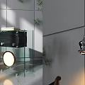 Modern Interior Decor With Black Box Transparent Shelf And Round Glowing Light 3d model