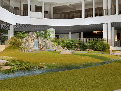 Tranquil Courtyard Garden Design With Lush Greenery Water Features And Stone Pathways 3d model