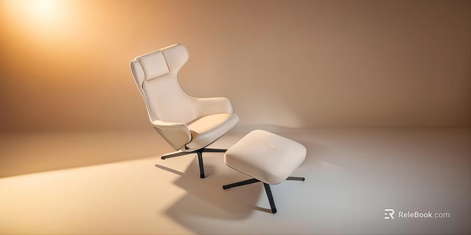 Modern Cream White Leisure Chair With Ottoman And Black Metal Legs In Warm Lighting 3d model 