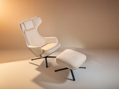 Modern Cream White Leisure Chair With Ottoman And Black Metal Legs In Warm Lighting 3d model