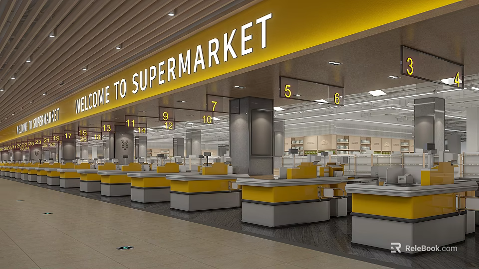 Supermarket Interior Featuring Welcome Sign Multiple Yellow Checkout Counters And Numbered Signs 3d model 
