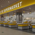 Supermarket Interior Featuring Welcome Sign Multiple Yellow Checkout Counters And Numbered Signs