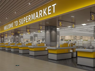 Supermarket Interior Featuring Welcome Sign Multiple Yellow Checkout Counters And Numbered Signs 3d model