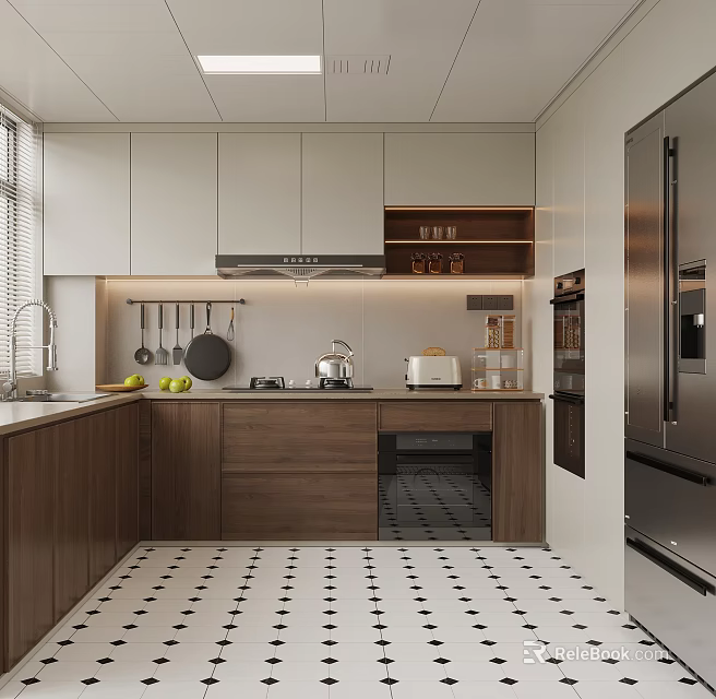 Contemporary Kitchen Interior Design With White Cabinets Wooden Countertop And Stainless Steel Appliances 3d model 