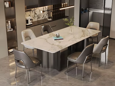 Modern Dining Room Interior With Marble Top Table Grey Chairs And Green Plant 3d model