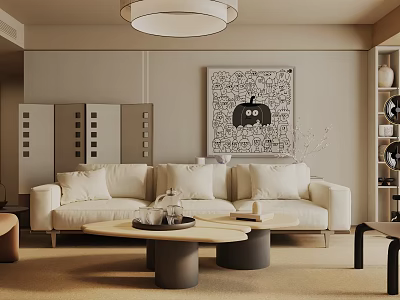 Modern Living Room Interior With Beige Sofa Round Coffee Table And Wall Art 3d model
