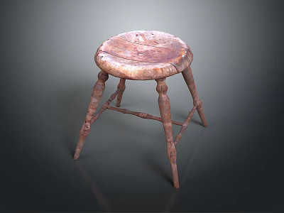 Vintage Wooden Stool With Worn Round Seat And Four Rustic Legs Design 3d model
