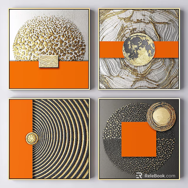 Modern Abstract Paintings With Gold Circular Patterns And Orange Geometric Textures 3d model