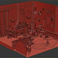 Colorful Cartoon Vintage Room Scene With Red Walls Wooden Floor Fireplace And Blue Armchair