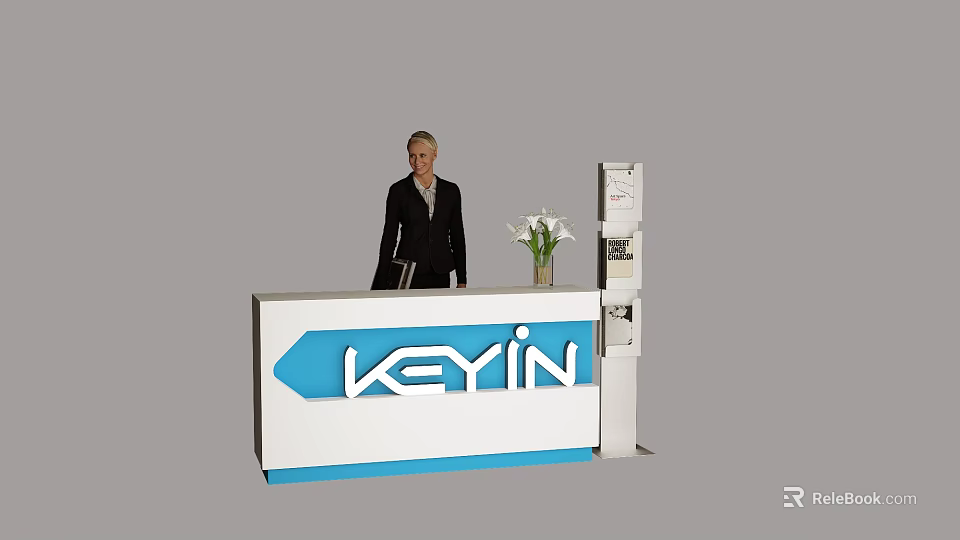 Modern Exhibition Reception Desk with KEYIN Logo White Flowers and Standing Staff 3d model 