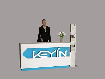 Modern Exhibition Reception Desk with KEYIN Logo White Flowers and Standing Staff 3d model