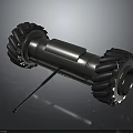 Black Metallic Mechanical Device Featuring Cylindrical Body Large Treaded Wheels And Support Stand 3d model