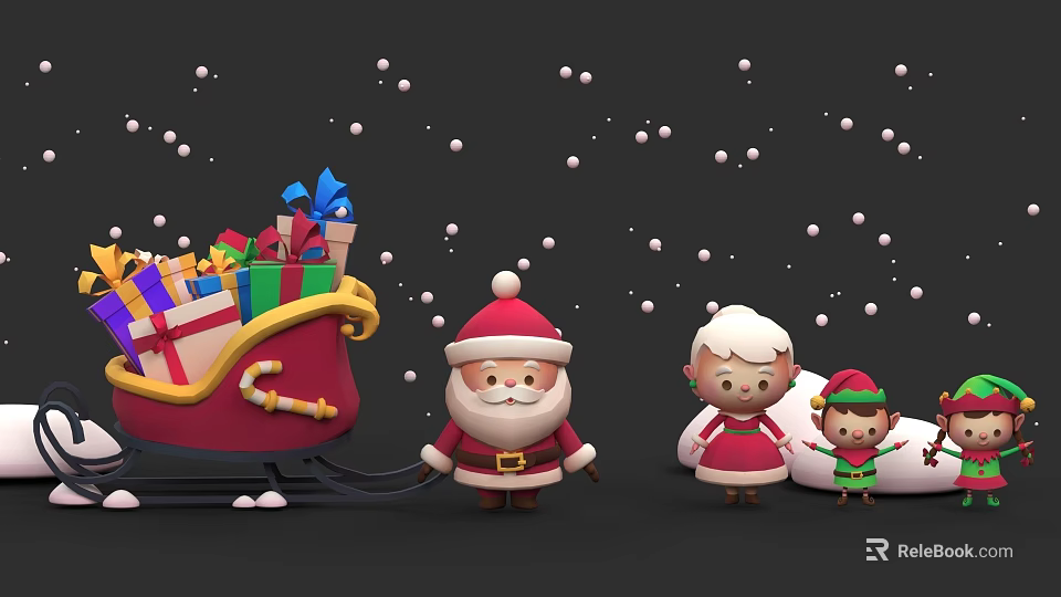 Santa Claus Standing Beside Red Sleigh Filled With Gifts and Falling Snowflakes 3d model 