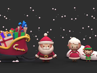 Santa Claus Standing Beside Red Sleigh Filled With Gifts and Falling Snowflakes 3d model
