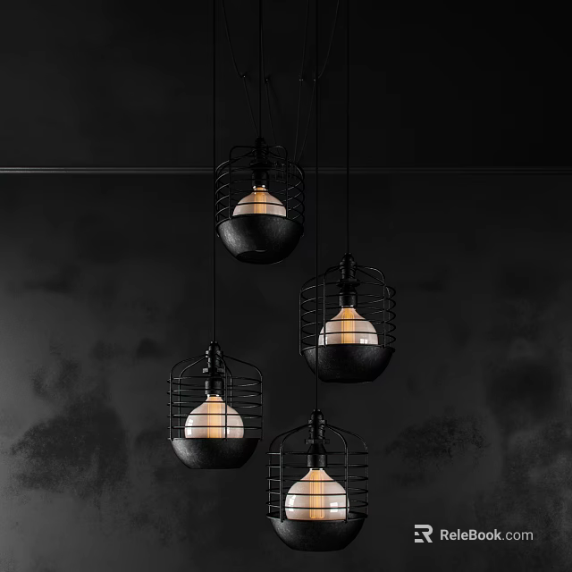 Black Metal Cage Style Chandeliers with White Bulbs Inside Hanging from Dark Background Ceiling 3d model 