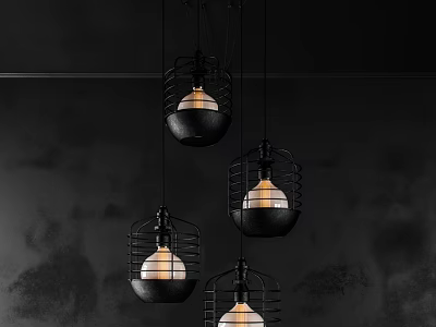 Black Metal Cage Style Chandeliers with White Bulbs Inside Hanging from Dark Background Ceiling 3d model