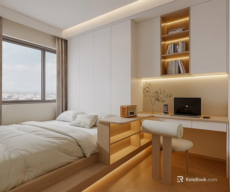 Tatami Bedroom with Modern Desk Laptop And Bookshelf Natural Light And Wooden Elements Interior 3d model 