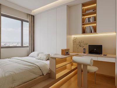 Tatami Bedroom with Modern Desk Laptop And Bookshelf Natural Light And Wooden Elements Interior 3d model