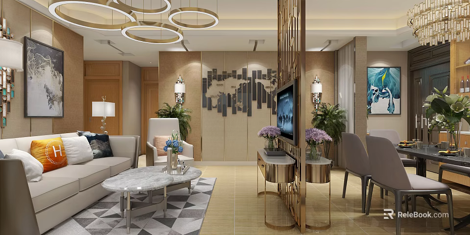 Modern Living Dining Room Interior With Chandeliers Sofa Coffee Table And Dining Chairs 3d model 