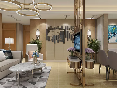 Modern Living Dining Room Interior With Chandeliers Sofa Coffee Table And Dining Chairs 3d model