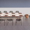 Modern Minimalist Interior Dining Table and Chairs With Long Wooden Tabletop Black Mesh Chairs