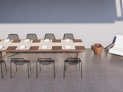 Modern Minimalist Interior Dining Table and Chairs With Long Wooden Tabletop Black Mesh Chairs 3d model