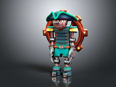 Game and Movie Character With Pirate Hat Mechanical Design Ship Wheel Backpiece Blue Green Outfit 3d model