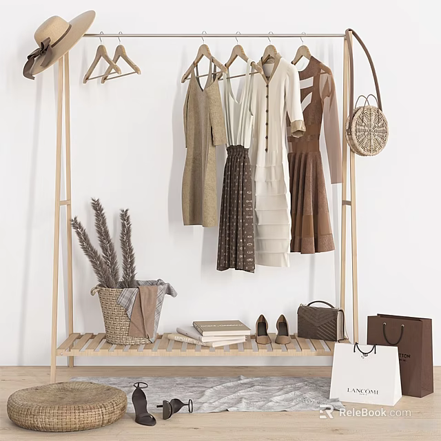 Wooden Clothing Rack with Hanging Clothes Accessories Bags Shoes and Dried Plants 3d model 