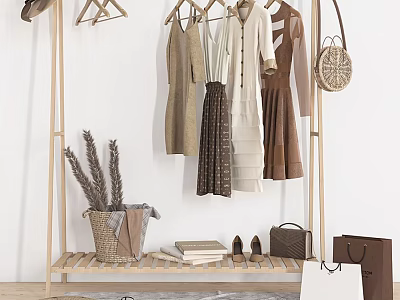 Wooden Clothing Rack with Hanging Clothes Accessories Bags Shoes and Dried Plants 3d model