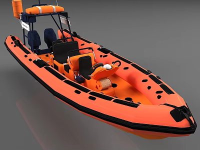 Orange Inflatable Boat With Two Blue Engines Lifebuoy Interior Seats And Steering Wheel 3d model