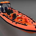 Orange Inflatable Boat With Two Blue Engines Lifebuoy Interior Seats And Steering Wheel