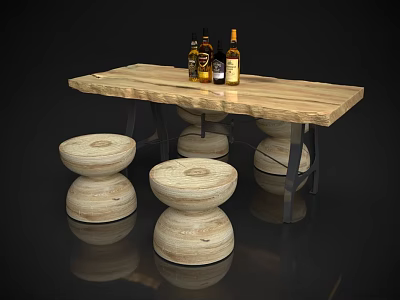 Rustic Wooden Dining Table With Metal Frame And Round Wooden Stools Topped With Liquor Bottles 3d model