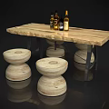 Rustic Wooden Dining Table With Metal Frame And Round Wooden Stools Topped With Liquor Bottles