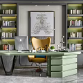Luxury Green Office Desk With Apple Computer Yellow Chair Bookshelves And Decorative Painting