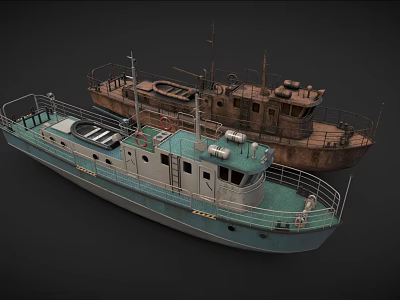 Two Ships Featuring Modern Blue Hull and Rusty Vintage Structure with Decks 3d model